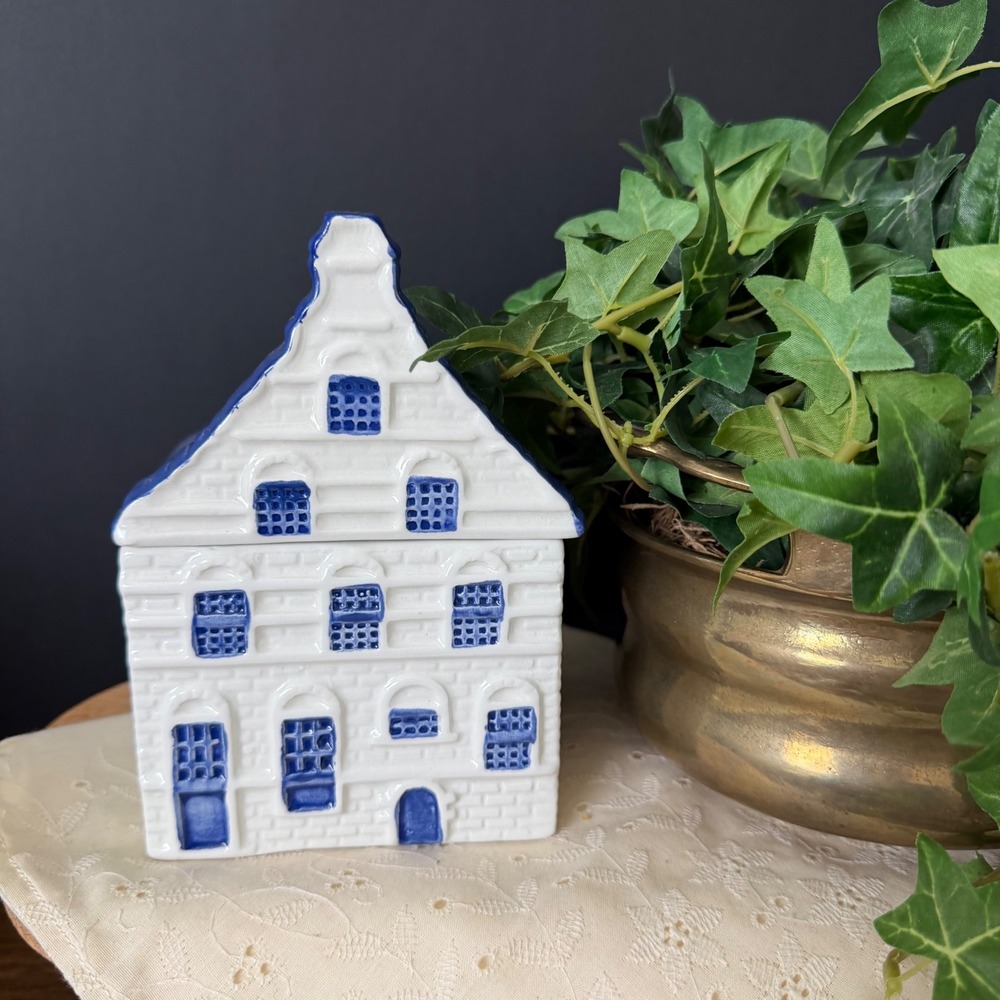Delft Holland ING Bank Ceramic Canal House Lidded Canister Blue White Vintage - Picture 7 of 7